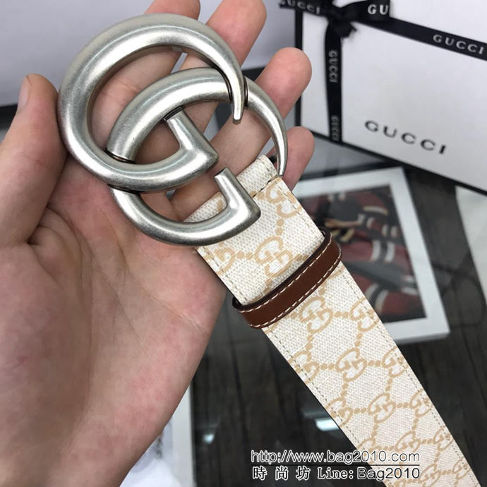 GUCCI古馳 官網經典款 原單品質 專櫃PVC新花色 米白提花面料 原單復古GG古金扣 男士皮帶  xfp1446